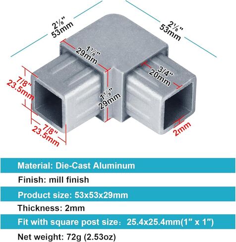 10 عبوات من موصلات الكوع الزاوية 90 درجة لأنبوب مربع 1 × 1 بوصة، خط مربع على شكل حرف L، شفة داخلية مشتركة، قضبان نهائية هيكلية، تركيب درابزين درابزين - ألومنيوم مصبوب in Kuwait