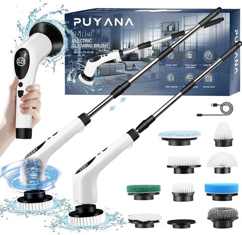 PUYANA Electric Spin Scrubber,Cleaning Brush with LCD Display,Power Scrubbers for Cleaning Bathroom,Rechargeable Cleaning Brush with 9 Replaceable Brush Heads,Adjustable and Removable Long Handle in Saudi Arabia