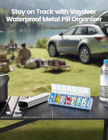 Vaydeer 7 Day Weekly Pill Organizer, Metal Travel Pill Case, Large Capacity Daily Cute Pill Box for Supplements, Pills, Vitamins and Medication (Gray) in Saudi Arabia