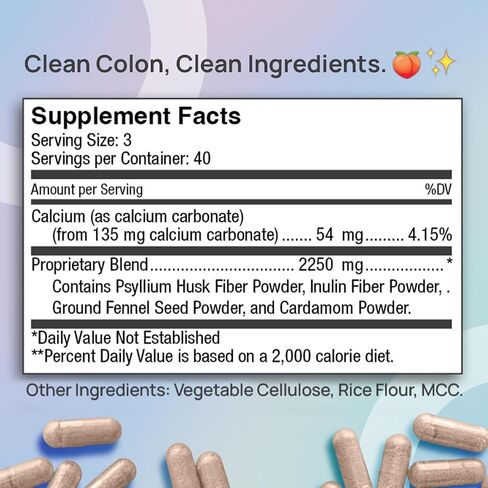 Vegan Cleanliness Fiber Supplement | Helps Promote Digestive Regularity | Psyllium Husk, Unulin, Cardamom, Fennel Seed, Calcium Carbonate | Proprietary Formula | 120 Vegan Capsules in Saudi Arabia