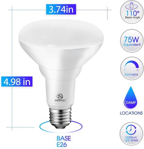 لمبة إضاءة مجوفة حيوية 75 وات BR30 LED، قابلة للتعتيم، 900 لومن، ضوء النهار 5000 ك، قاعدة E26، ضوء فيضانات داخلي لعلب 5/6 بوصة، مدرج في قائمة UL in Kuwait