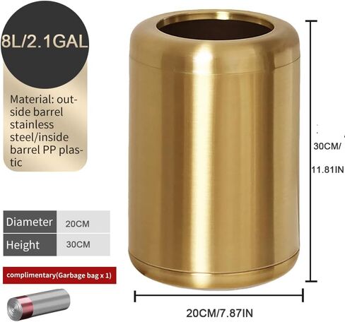 8L/2.1gal سلة المهملات الذهبية من النيكل المصقول، سلة المهملات الذهبية الصغيرة، سلة المهملات النحاسية للحمام، غرفة المسحوق، غرفة النوم، المكتب (أبيض) in Kuwait
