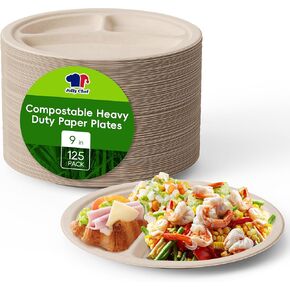 JOLLY CHEF Compostable 3 Compartment Paper Plates 10 Inch [150 Pack] Heavy Duty Divided Disposable Plates Eco-Friendly Bagasse Biodegradable Plates White Round Trays for Party Dinner Lunch