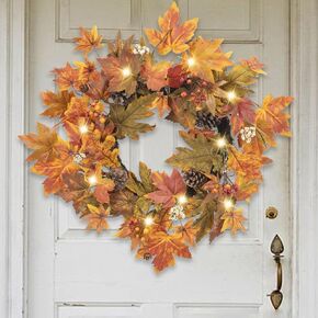 Fall Wreath - Fall Wreaths for Front Door - 24" Fall Decor Wreath with 30 Warm Lights, Pine Cones, Berries for Front Door Indoor Outdoor Decor - Harvest Thanksgiving Home Decor