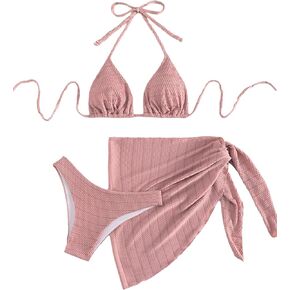 SOLY HUX Bikini Sets for Women Halter Triangle Bathing Suit with Beach Skirt 3 Piece Swimsuit