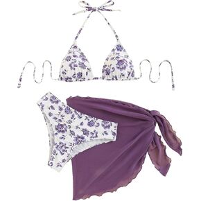 SOLY HUX Bikini Sets for Women 3 Piece Floral Print Halter Triangle Bathing Suit Swimsuit with Sarong Cover Up