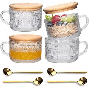 Vintage Coffee Tea Cups [4 Pack], 14 oz Glass Tea Coffee Mugs, Clear Embossed Glass Cups for Cappuccino, Latte,Cereal, Yogurt, Beverage (2 sunflower + 2 raindrop)