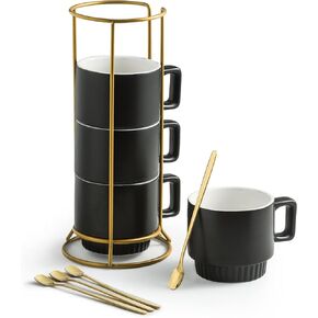 Stackable Coffee Mug Set of 4 with Rack 11 oz Tea Cup Set with Little Spoon for Coffee Tea Cocoa Milk, Checkered Black and White Pattern Coffee Mug for Housewarming Gift
