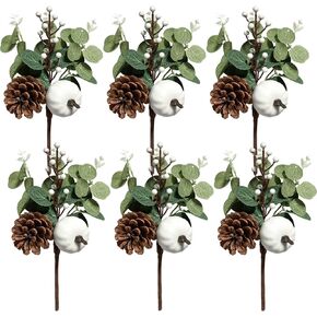 6PCS Greenery Stems Artificial Eucalyptus Leaves Fall Picks with White Pumpkin Pinecones for Wedding Table Decor Autumn Thanksgiving Day Flower Arrangements Wreaths Indoor Outdoor Home Decor