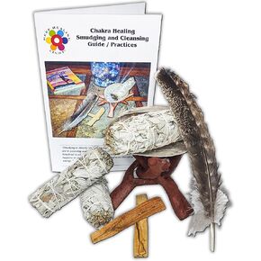 9 Pc Chakra Healing Smudging and Cleansing Kit with Guide - Economy Version. White Sage Bundles, Abalone Shell, Palo Santo Sticks, and Tripod Stand. Helps Remove and Purify Negative or Stuck Energy