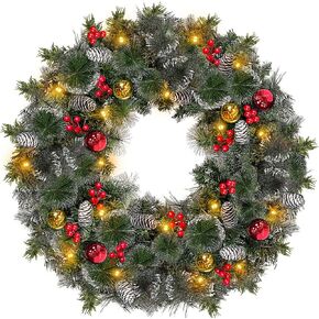 30-Inch Super Large Snowy Timer-Operated Prelit Wreath with 80 Lights, Poinsettias, Berries for Front Door in Saudi Arabia