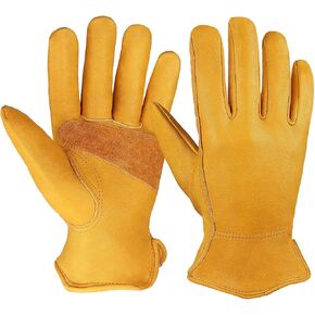 OZERO Leather Work Gloves for Men: 3 Pairs Cowhide Working Gloves Abrasion Resistant Driver Glove for Heavy Duty Yard Work DIY Women Gardening Glove Gold Large