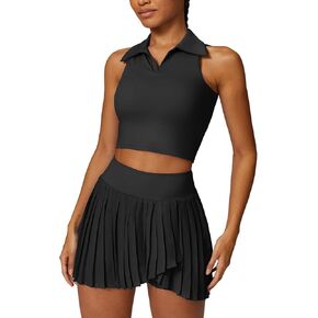 Women 2 Piece Tennis Dress Sleeveless Racerback Padded Crop Top Pleated High Waisted Tennis Skirt Golf Workout Outfits