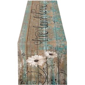 Giwawa Rustic Daisy Flower Table Runner- 13"x70" Vintage Sunflower on Wood Board Live Laugh Love Backdrop- Cabin Farmhouse Decorative Dresser Scarves for Tabletop Dining Kitchen Party