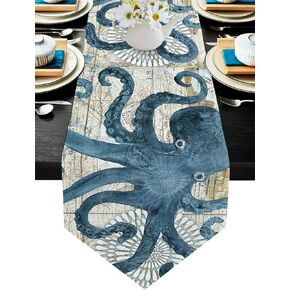 Blue Watercolor Cotton Linen Table Runner Dresser Scarves Octopus Ocean Animal Nautical Themed&Retro Non-Slip Burlap Table Setting Decor for Wedding Party Holiday Dinner Home (13"x70" Long)