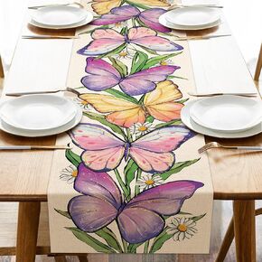 Spring Summer Butterfly Table Runner, Daisy Flower Floral Kitchen Dining Table Decoration, Seasonal Burlap Indoor Outdoor Home Decor Party Supply 13 x 36 Inches