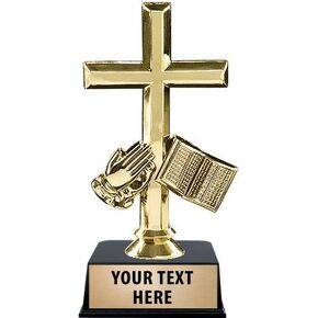 Religious Trophies with Custom Engraving, 6" Personalized Praying Hands, Bible and Cross Trophy On Black Base Prime