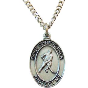St. Christopher Pewter Boys or Mens Hockey Sports Medal with 24" Chain.