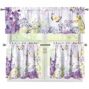 Hummingbird Floral Kitchen Curtains and Valances Set Tier Curtains Linen Curtains Cafe Curtains 24 Inch Length Living Room Bedroom Bathroom Farmhouse Rustic Country Curtains 3 Piece Set
