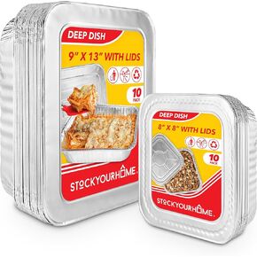 Disposable Foil Pans with Lids (Set of 20) Heavy Duty Aluminum Pans with Lids 9x13 (x10), 8x8 (x10) Baking Tins with Covers for Cooking, Heating, Storing, Food Prep, Holiday Dinner Meals