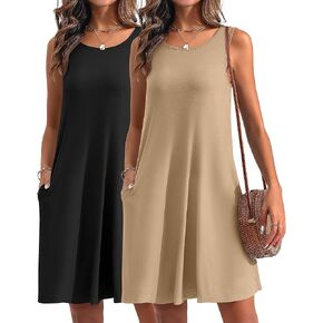 2 Pack Women's Summer Casual Dresses, Beach Cover up Tank Dress with Pockets Plain Round Neck Swing T Shirt Sundresses