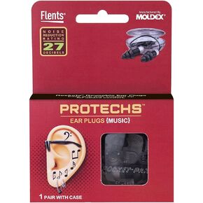 Flents Protechs Reusable Music Ear Plugs, Perfect For Concerts, Reduces Pressure And Background Noise, 1 Pair With Travel Size Case, Easy Use With Comfort Fit, NRR 27, Black, Made In The USA