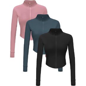 1/3 Pack Womens Cropped Full Zip up Workout Jacket Slim Fit Running Athletic Gym Yoga Sports Jacket with Thumb Holes