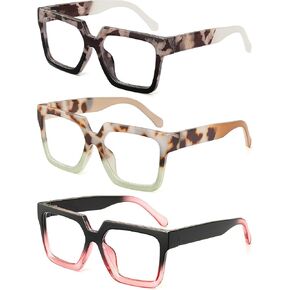 JM 3 Pack Oprah Style Reading Glasses for Women, Fashion Square Blue Light Blocking Readers