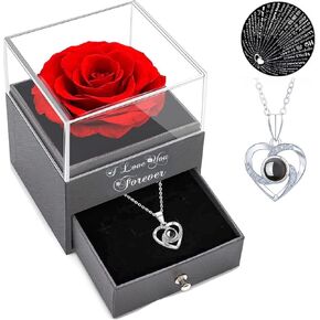Mothers Day Gifts - Red Rose with I Love You Necklace, Eternal Flowers Rose Gifts for Women, Mom, Wife and Girlfriend on Valentines Day Christmas Anniversary Birthday Gifts for Her