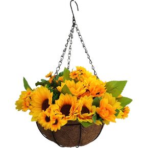 Mynse Flo Set of Artificial Sunflowers Hanging Coco Basket with Chain for Balcony Home Decoration, Orange (Big Basket and Artificial Flowers) Flo