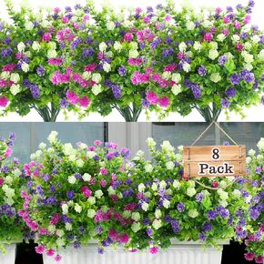 ALAGIRLS Artificial Flowers for Outdoors UV Resistant 8 Bundles, Plastic Fake Plants & Flowers for Decoration Indoors, Faux Flowers Bulk Home Garden Wall Wedding Party Decoration, White Fuchsia Purple