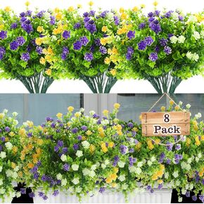 ALAGIRLS Artificial Flowers for Outdoors UV Resistant 8 Bundles, Plastic Fake Plants & Flowers for Decoration Indoors, Faux Flowers Bulk Home Garden Wall Wedding Party Decoration, White Fuchsia Purple