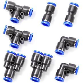 TAILONZ PNEUMATIC 1/4 Inch od Push to Connect Fittings Pneumatic Fittings Kit 2 Spliters+2 Elbows+2 tee+2 Straight (8 pcs)