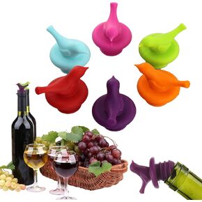 Little Bird Wine Bottle Stopper Colorful Reusable Silicone Wine Bottle Stopper, Decorate Wine Outlet Cap, Cute Wine Toppers for Preserver(Assorted Color, Set of 6)