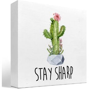 Stay Sharp Inspirational Wood Box Sign Decor Desk Sign,Farmhouse Rustic Cactus Succulent Wooden Box Block Sign for Grandma Home Living Room Shelf Table Decor Decorations