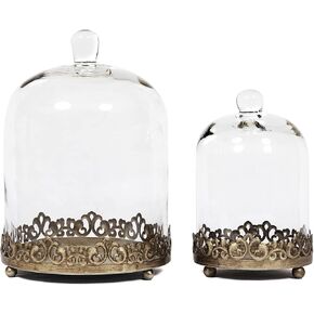 12" Tall Large Sturdy Handmade Glass Cloche Dome with Metal Base 11.4" H x 8" and 8" H x 5.5" in Set of 2 in Gold for Plant, Terrarium, Collectibles, Candle. Cloche Glass Dome, Bell Jar Display Case