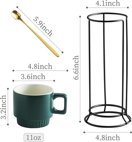 Stackable Coffee Mug Set of 4 with Rack 11 oz Tea Cup Set with Little Spoon for Coffee Tea Cocoa Milk, Checkered Black and White Pattern Coffee Mug for Housewarming Gift in Saudi Arabia