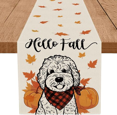 Hello Fall Table Runner Australian Shepherd Pumpkins Table Runners Maple Leaves Home Kitchen Dining Table Decorations Indoor Outdoor Party Supplies 13x72 Inch in Saudi Arabia