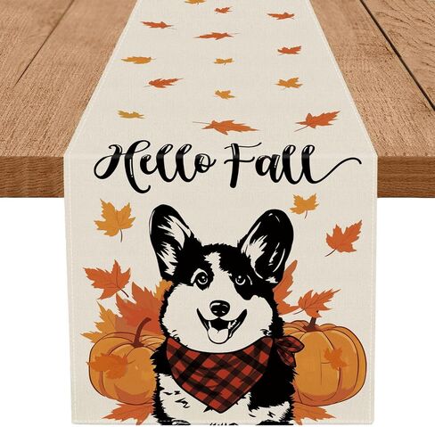 Hello Fall Table Runner Australian Shepherd Pumpkins Table Runners Maple Leaves Home Kitchen Dining Table Decorations Indoor Outdoor Party Supplies 13x72 Inch in Saudi Arabia