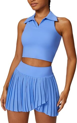 Women 2 Piece Tennis Dress Sleeveless Racerback Padded Crop Top Pleated High Waisted Tennis Skirt Golf Workout Outfits in Kuwait