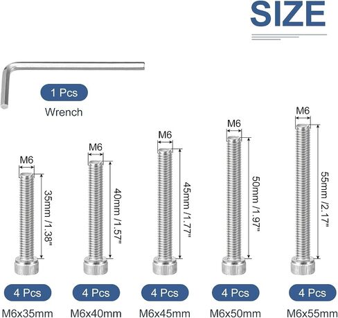 20Pcs M6 Metric Screw Assortment, M6 Bolts Socket Head Screws, 304 Stainless Steel M6x35/40/45/50/55mm Hex Socket Head Cap Screws Bolt Set with Wrench for 3D Printing DIY in Saudi Arabia