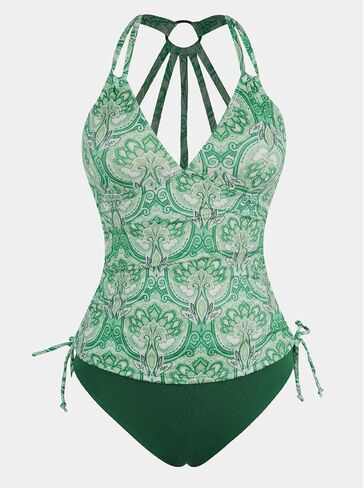 CUPSHE Women's Tankini Sets Two Piece Swimsuit V Neck O Ring Back Cutout Double Straps Mid Rise Drawstring in Saudi Arabia