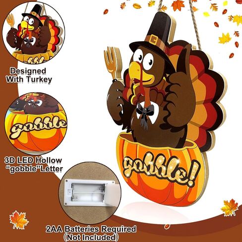[ Timer & Lighted ] 16 Inch Thanksgiving Door Wreath Thanksgiving Wreaths for Front Door Pumpkin Turkey Door Hanger Thanksgiving Decorations Battery Operated Warm Lights Gobble Wood Signs Home Outdoor in Saudi Arabia