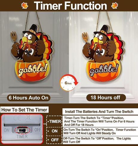 [ Timer & Lighted ] 16 Inch Thanksgiving Door Wreath Thanksgiving Wreaths for Front Door Pumpkin Turkey Door Hanger Thanksgiving Decorations Battery Operated Warm Lights Gobble Wood Signs Home Outdoor in Saudi Arabia
