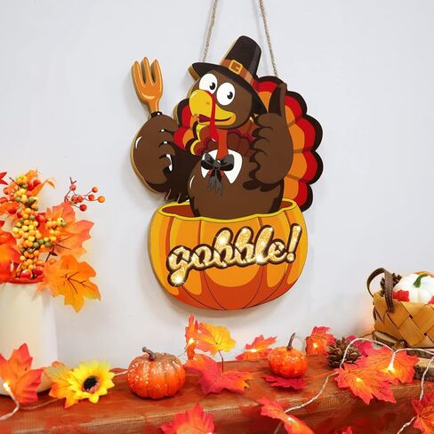 [ Timer & Lighted ] 16 Inch Thanksgiving Door Wreath Thanksgiving Wreaths for Front Door Pumpkin Turkey Door Hanger Thanksgiving Decorations Battery Operated Warm Lights Gobble Wood Signs Home Outdoor in Saudi Arabia