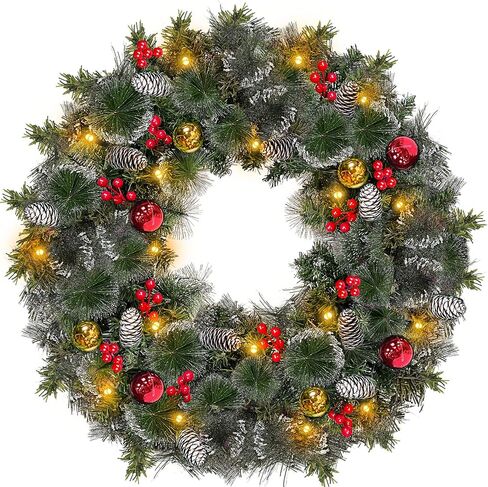 30-Inch Super Large Snowy Timer-Operated Prelit Wreath with 80 Lights, Poinsettias, Berries for Front Door in Saudi Arabia