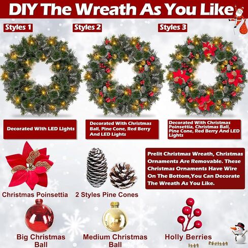 30-Inch Super Large Snowy Timer-Operated Prelit Wreath with 80 Lights, Poinsettias, Berries for Front Door in Saudi Arabia