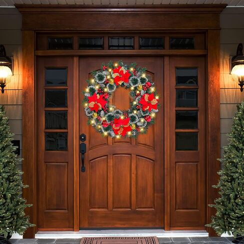 30-Inch Super Large Snowy Timer-Operated Prelit Wreath with 80 Lights, Poinsettias, Berries for Front Door in Saudi Arabia