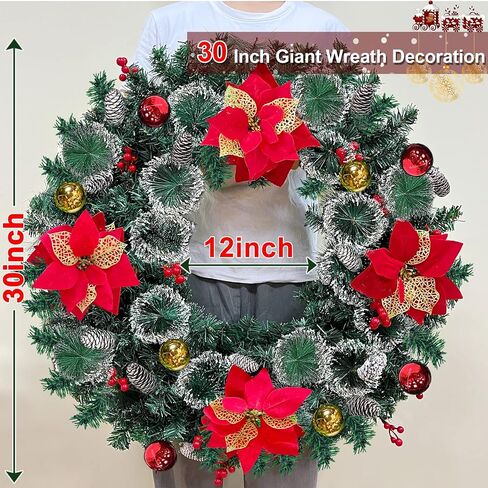 30-Inch Super Large Snowy Timer-Operated Prelit Wreath with 80 Lights, Poinsettias, Berries for Front Door in Saudi Arabia