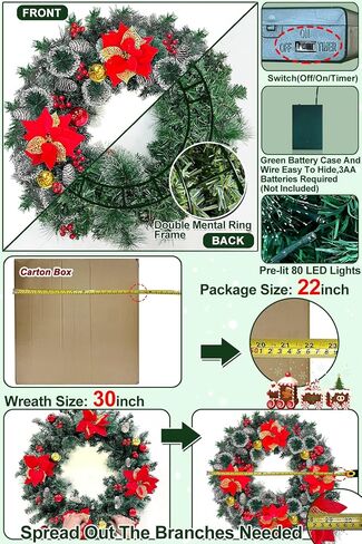 30-Inch Super Large Snowy Timer-Operated Prelit Wreath with 80 Lights, Poinsettias, Berries for Front Door in Saudi Arabia